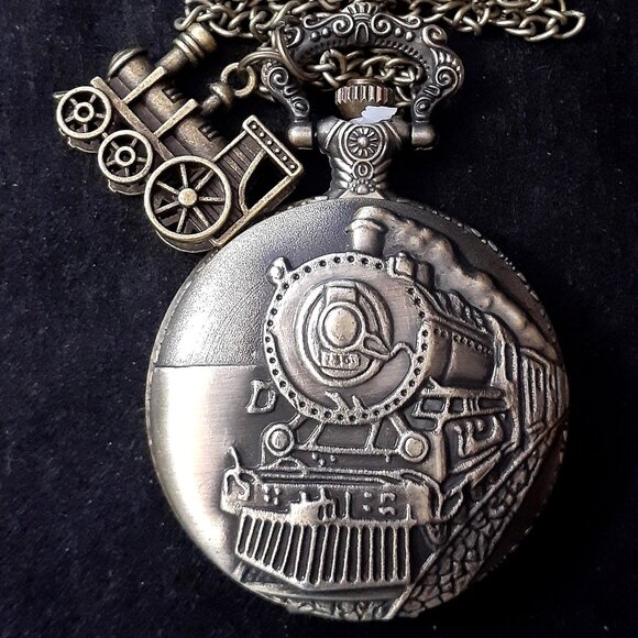 Vintage Style Locomotive Train Quartz Pocket Watch Men Gift Bronze w/Train Charm - Picture 3 of 8